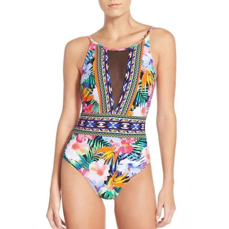 One Piece Swimsuit High Cut Swimwear Women Floral-1