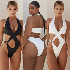 Sexy One-Piece Swimsuit Women's Solid Color Cross Hollow-1