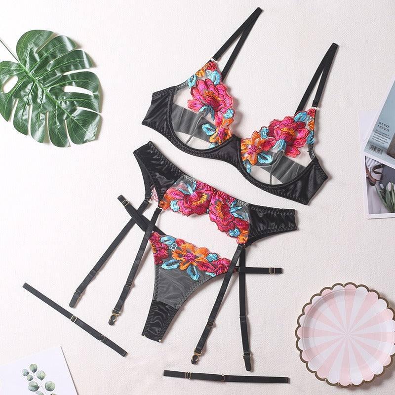 Sexy Patchwork Color Embroidery Large Floral Belt Underwire-Black-11