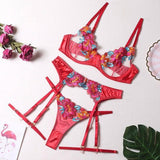 Sexy Patchwork Color Embroidery Large Floral Belt Underwire-Red-13