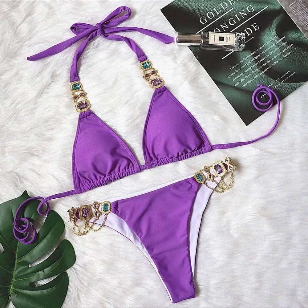 Sexy Purple Halter Crystal Diamond Bikini Female-Purple-8