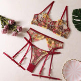 Sexy See-Through Yellow Garden Floral Bra Garter Belt Thong-Burgundy-4