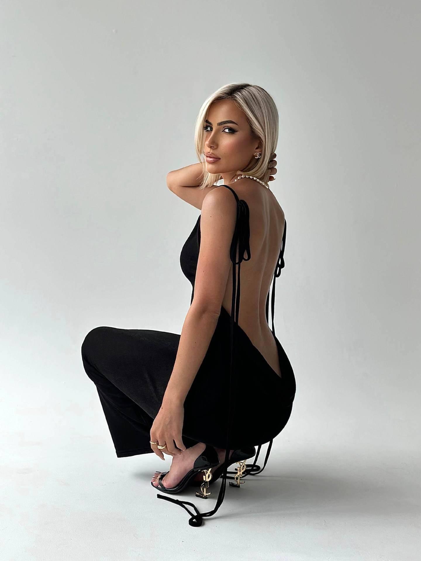 Sexy Slim Backless Dress Summer Camisole Gown Lace-up Long-Black-10