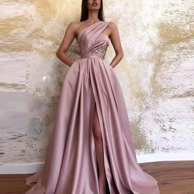 Slit Slanted Shoulder Dress Long Skirt Evening Dress-2