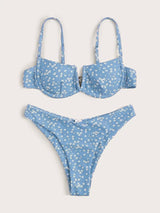 Sexy Small Floral Bikini Split Female Swimsuit-Blue-5