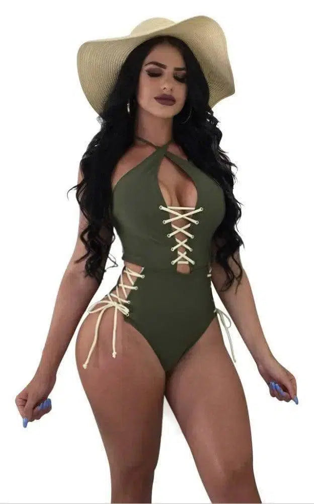 Solid Color Lace One-piece Bikini-Green-3