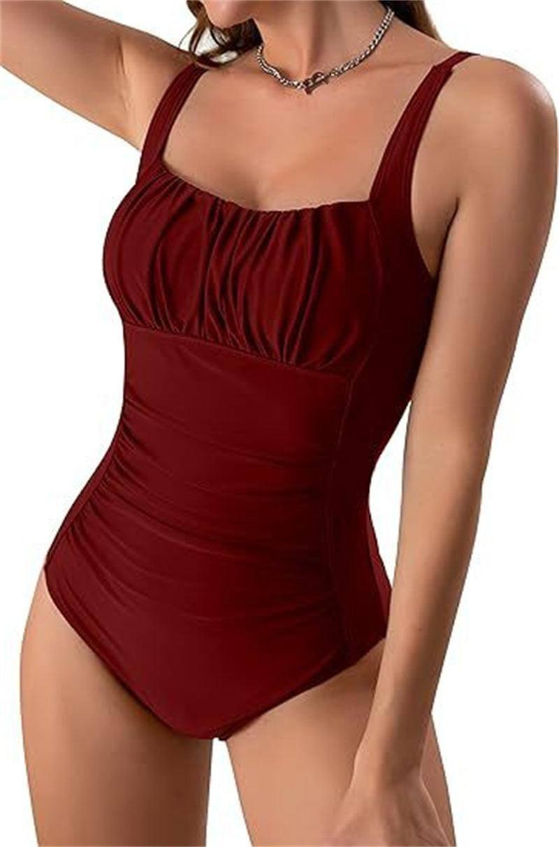 Sexy Square Neck One-piece Bikini Summer New Solid Color-WineRed-13