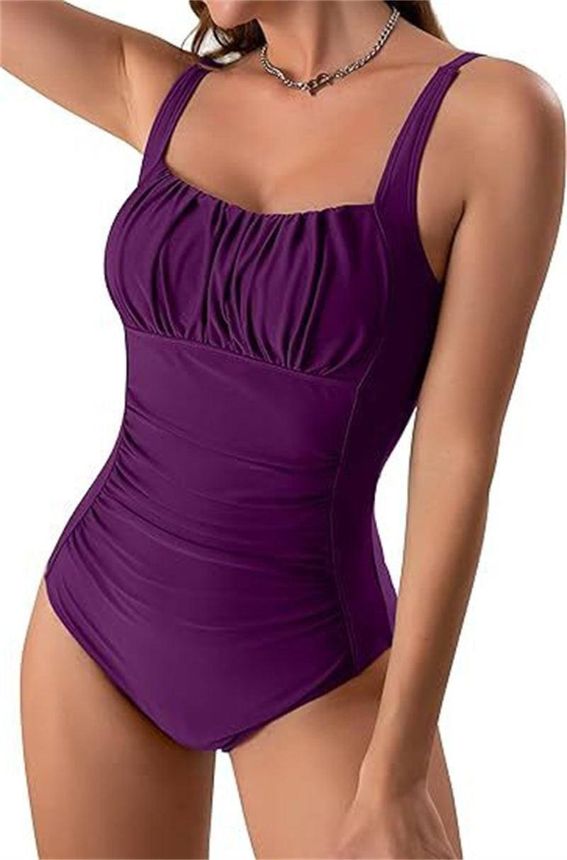 Sexy Square Neck One-piece Bikini Summer New Solid Color-Purple Red-16