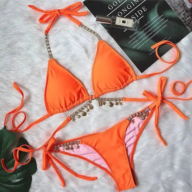 Strappy Plain Female Split Crystal Diamond Bikini-Orange-2