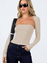 Sexy Tube Top Cinched Waist T-shirt Long Sleeve Tight-Apricot-4