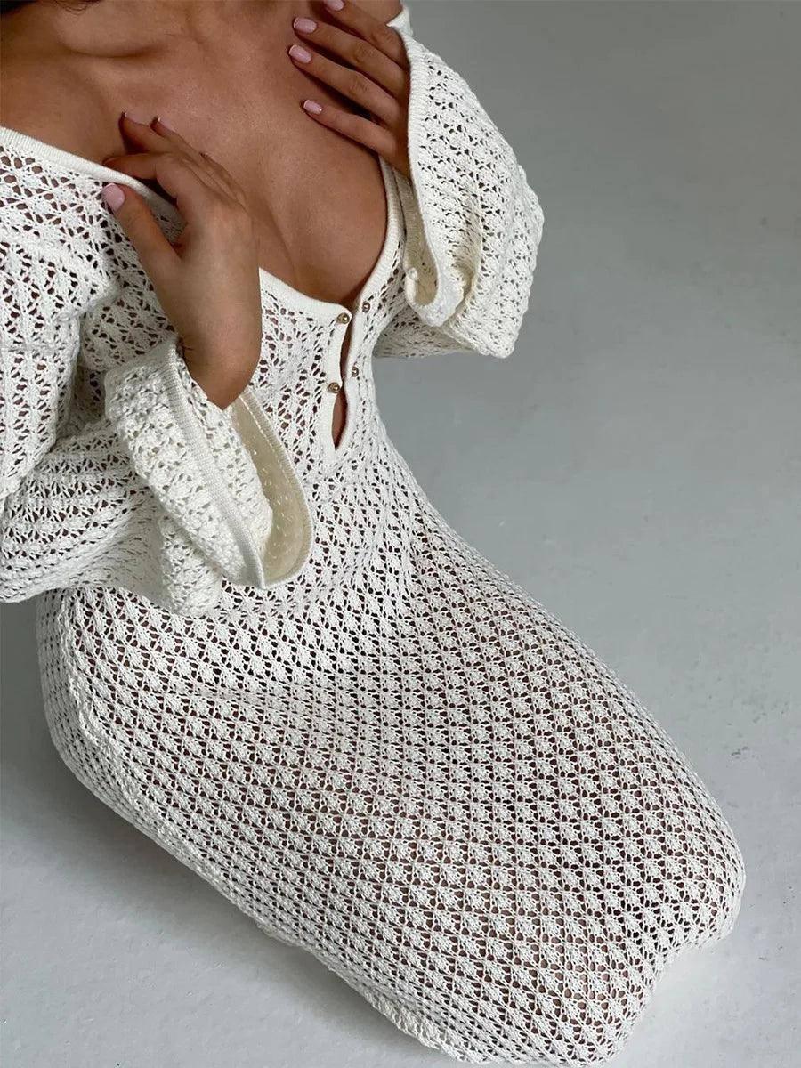 Sexy Women White Long Knit Sleeve Bikin Fashion Cover up-6