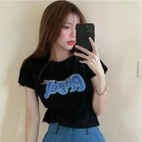 LOVEMI Short Black / S Lovemi -  Summer New Girl Small Print T-shirt Cropped Top