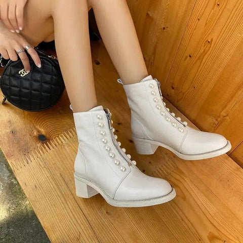 Short Boots Women Leather Round Toe-White-2