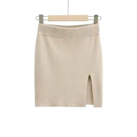 Short Skirt Fashion Side Slit Slim Knit-Apricot-2