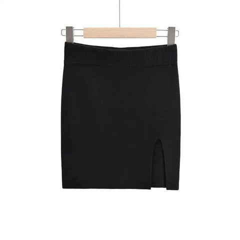 Short Skirt Fashion Side Slit Slim Knit-Black-3