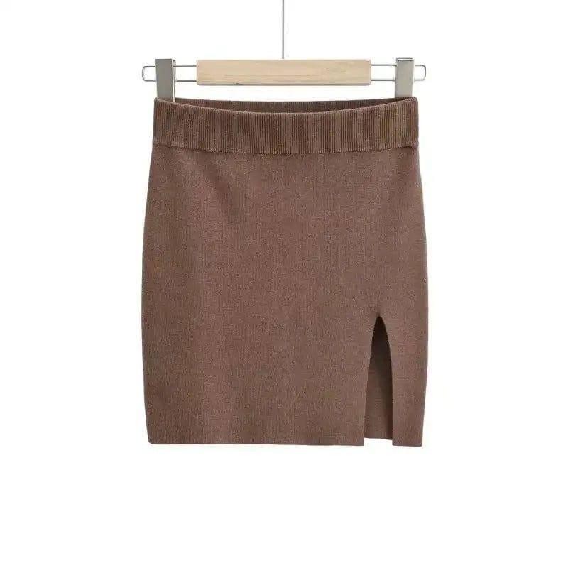 Short Skirt Fashion Side Slit Slim Knit-Coffee-4