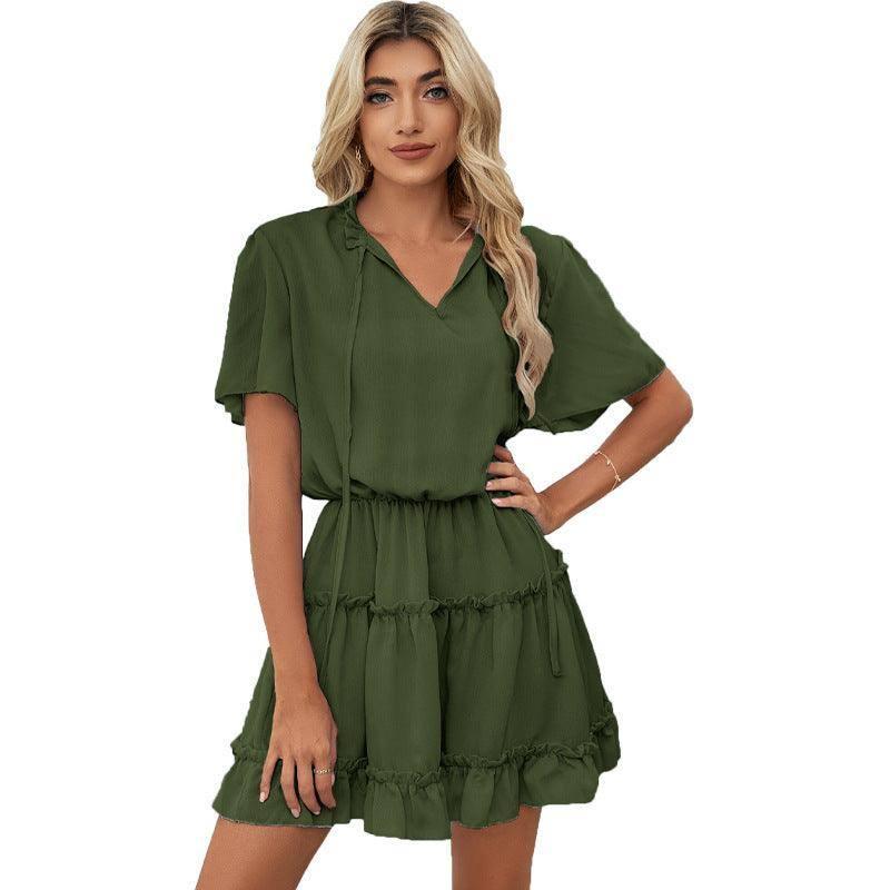 Short Sleeve Dress Women's Ruffled V-neck-Green-3