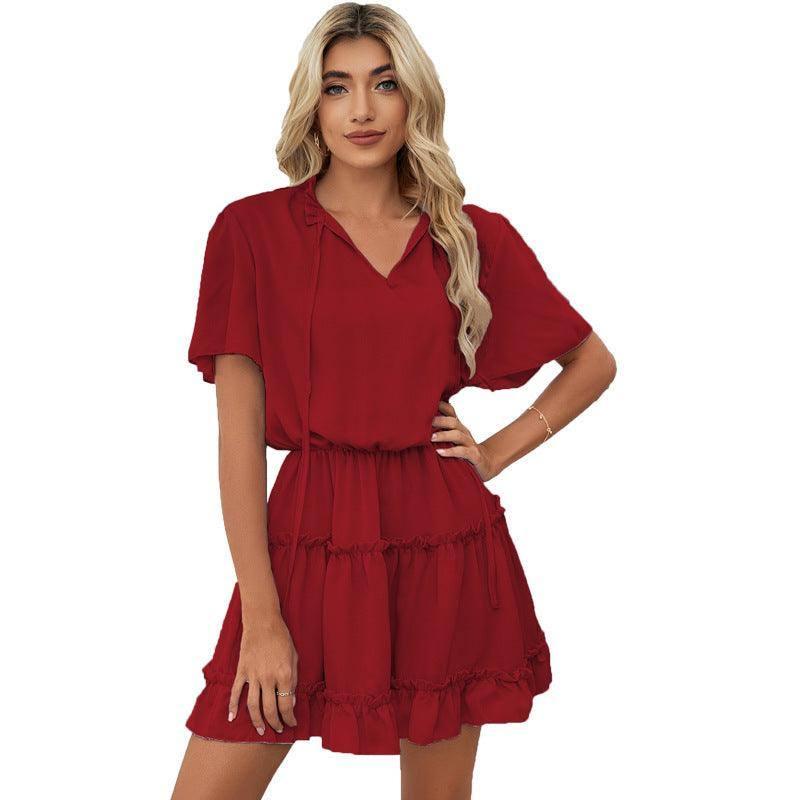 Short Sleeve Dress Women's Ruffled V-neck-Wine Red-4