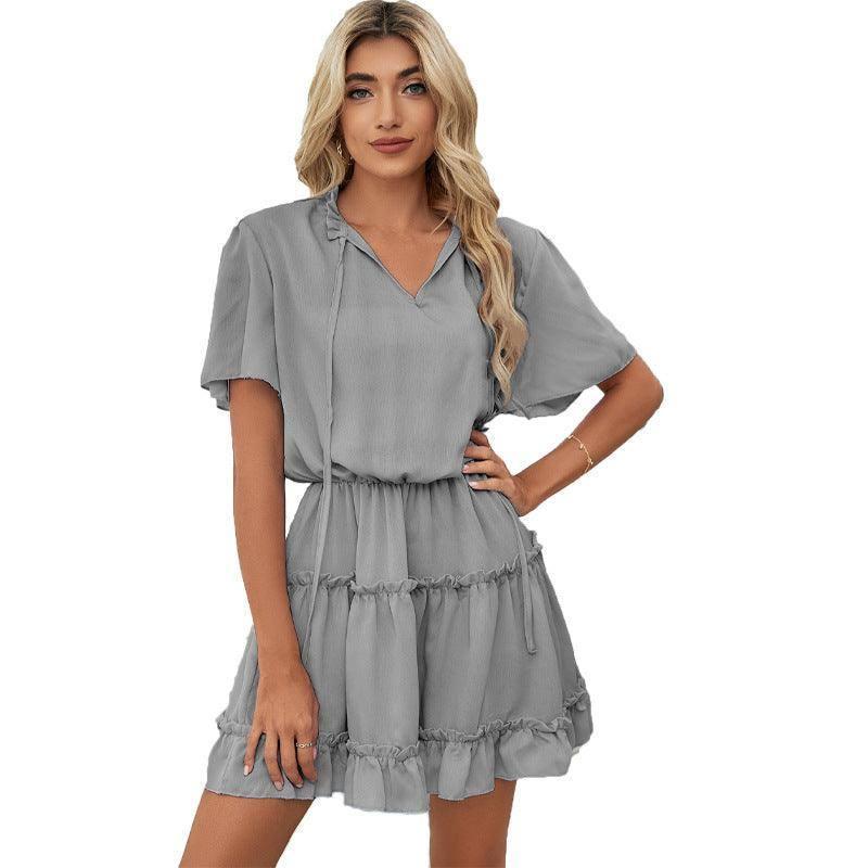 Short Sleeve Dress Women's Ruffled V-neck-Gray-5