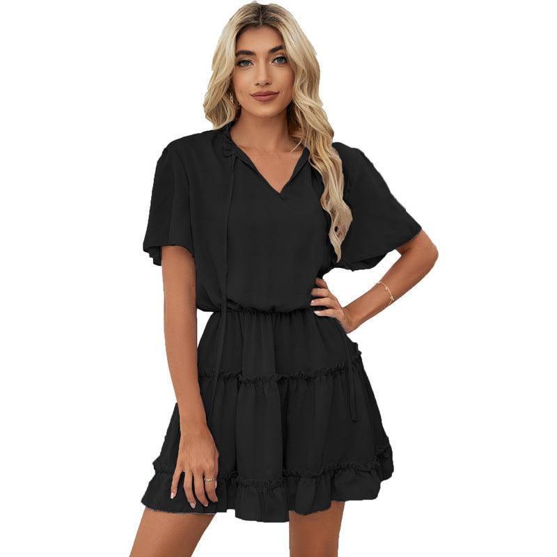 Short Sleeve Dress Women's Ruffled V-neck-Black-6