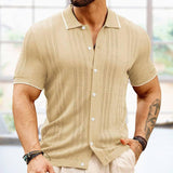 Short-sleeved Polo Shirt Summer Button Lapel Top Fashion-Khaki-7