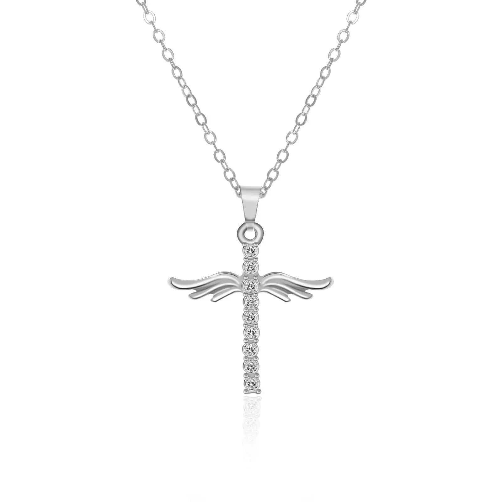 Simple Cross Diamond Angel Wings Pendant-Silver-3