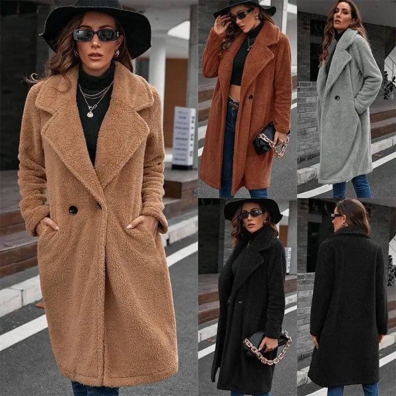 Single-breasted Mid-plush Trench Coat Loose-collar Lambswool-1
