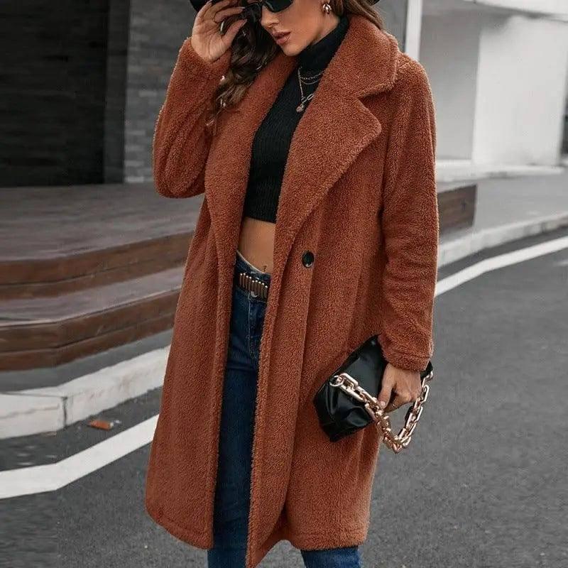 Single-breasted Mid-plush Trench Coat Loose-collar Lambswool-8