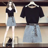 LOVEMI Skirts Lovemi -  Ice Silk Knit Short-sleeved Top Denim Skirt Suit