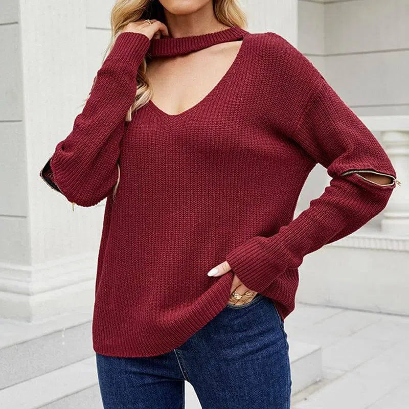 Sleeve Zipper Solid Color And V-neck Halter Sweater For-6