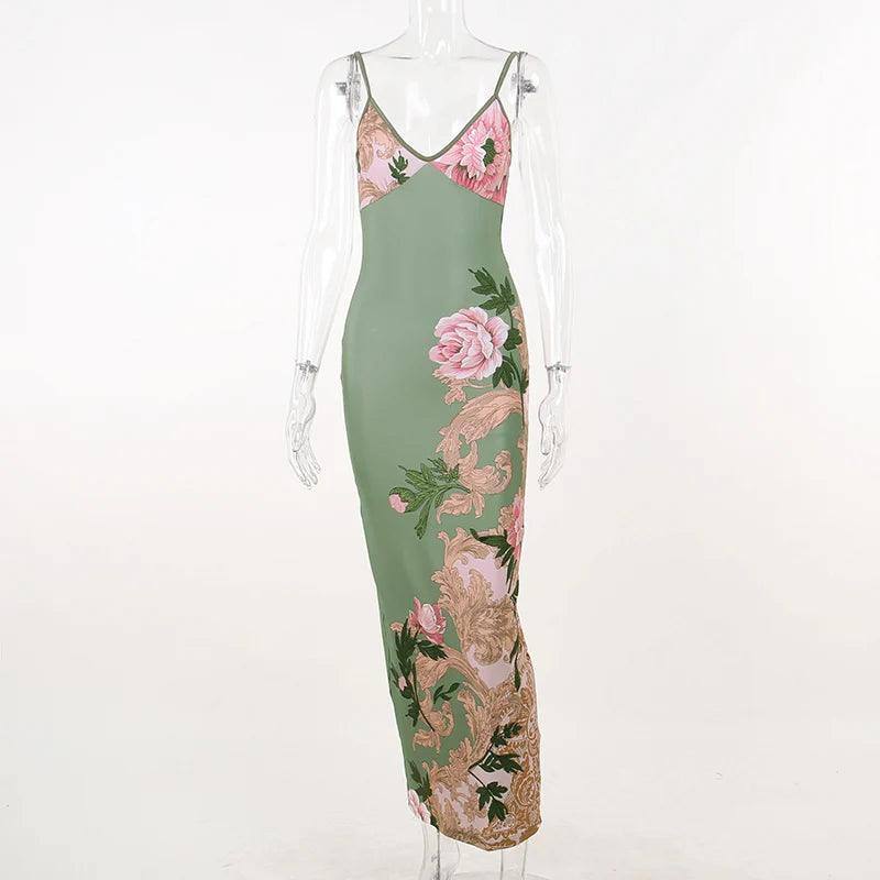 Sleeveless Print Suspender dress women Fashion Vneck slim-Green-8