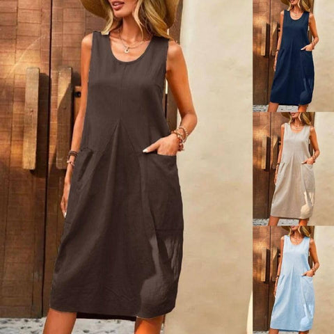 Sleeveless U-neck Dress With Pockets Design Casual Solid-1