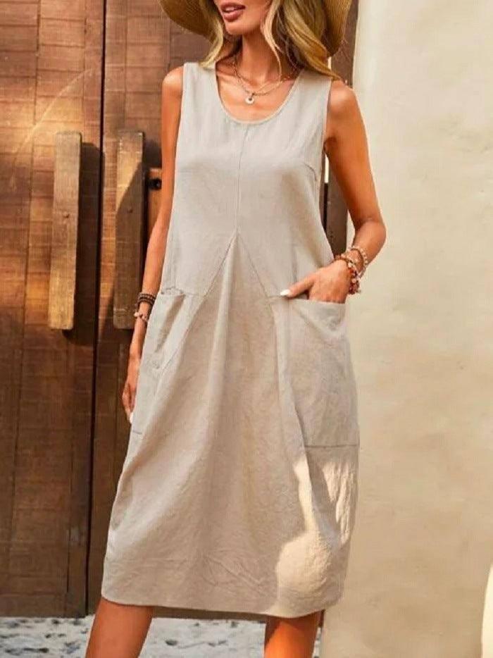 Sleeveless U-neck Dress With Pockets Design Casual Solid-Apricot-2