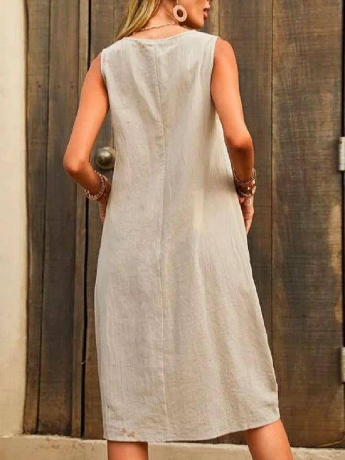 Sleeveless U-neck Dress With Pockets Design Casual Solid-3