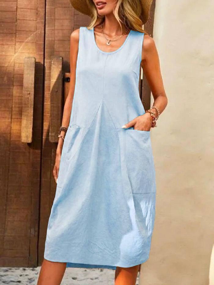 Sleeveless U-neck Dress With Pockets Design Casual Solid-Light Blue-4