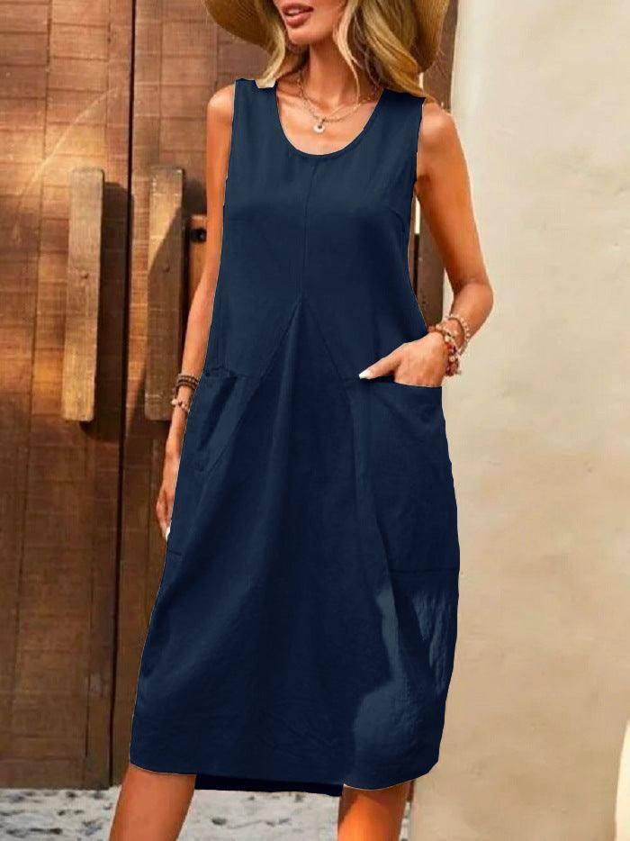Sleeveless U-neck Dress With Pockets Design Casual Solid-Navy Blue-5