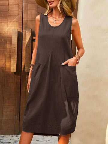 Sleeveless U-neck Dress With Pockets Design Casual Solid-Coffee-6