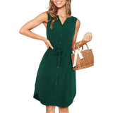 Sleeveless V-neck Buttoned Dress With Pockets Fashion Casual-Green-6