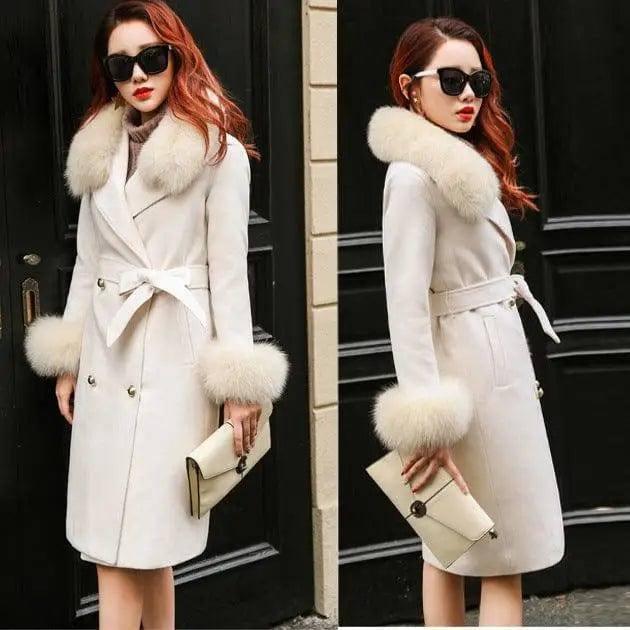 Slim-fit Large Fur Collar Lengthened Thick Woolen Coat-White-1