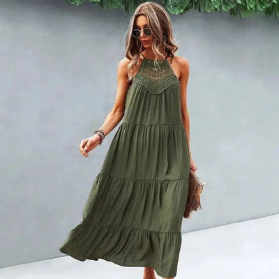 Sling Collar Solid Color Stitching Large Hem Midi Skirt-Green-4