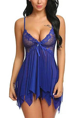 Sling Sexy Lingerie Lace Side Deep V Sexy Pajamas-Blue-4