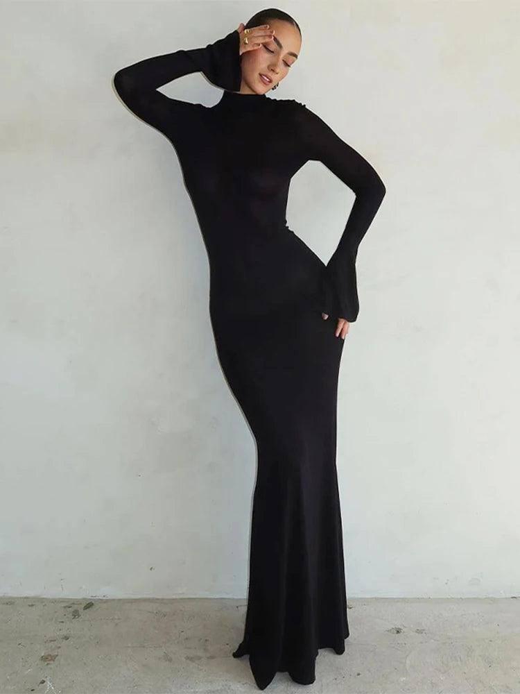 Solid Backless Maxi Dress - Sexy Trumpet Sleeve Evening Wear-Black-1