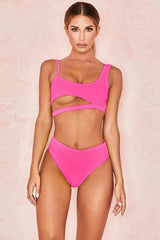 Solid color bikini cutout split swimsuit triangle-RoseRed-5