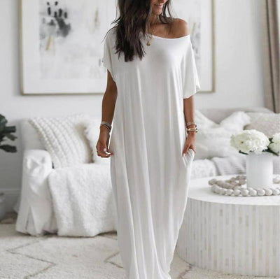 Solid Color Homewear Long Dress-White-8