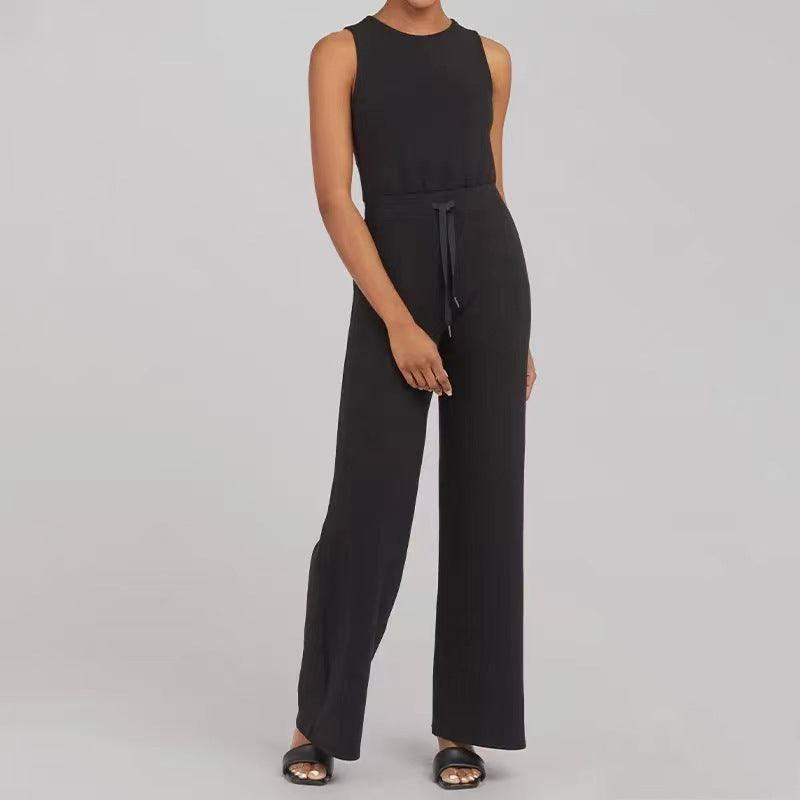 Solid Color Jumpsuit Sleeveless Tops Tie Elastic Pants-Black-10