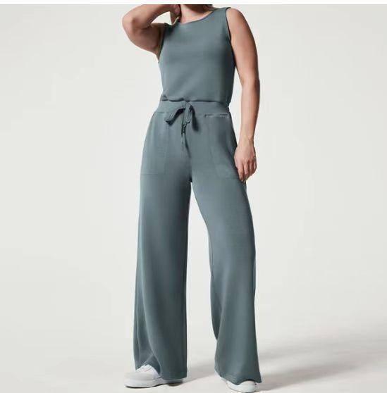 Solid Color Jumpsuit Sleeveless Tops Tie Elastic Pants-Grey blue-11