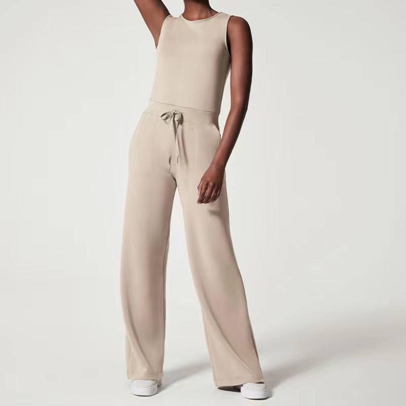 Solid Color Jumpsuit Sleeveless Tops Tie Elastic Pants-Apricot-12