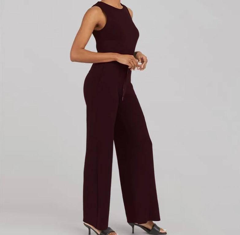Solid Color Jumpsuit Sleeveless Tops Tie Elastic Pants-Dark purple-13