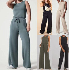 Solid Color Jumpsuit Sleeveless Tops Tie Elastic Pants-1