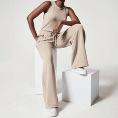 Solid Color Jumpsuit Sleeveless Tops Tie Elastic Pants-3